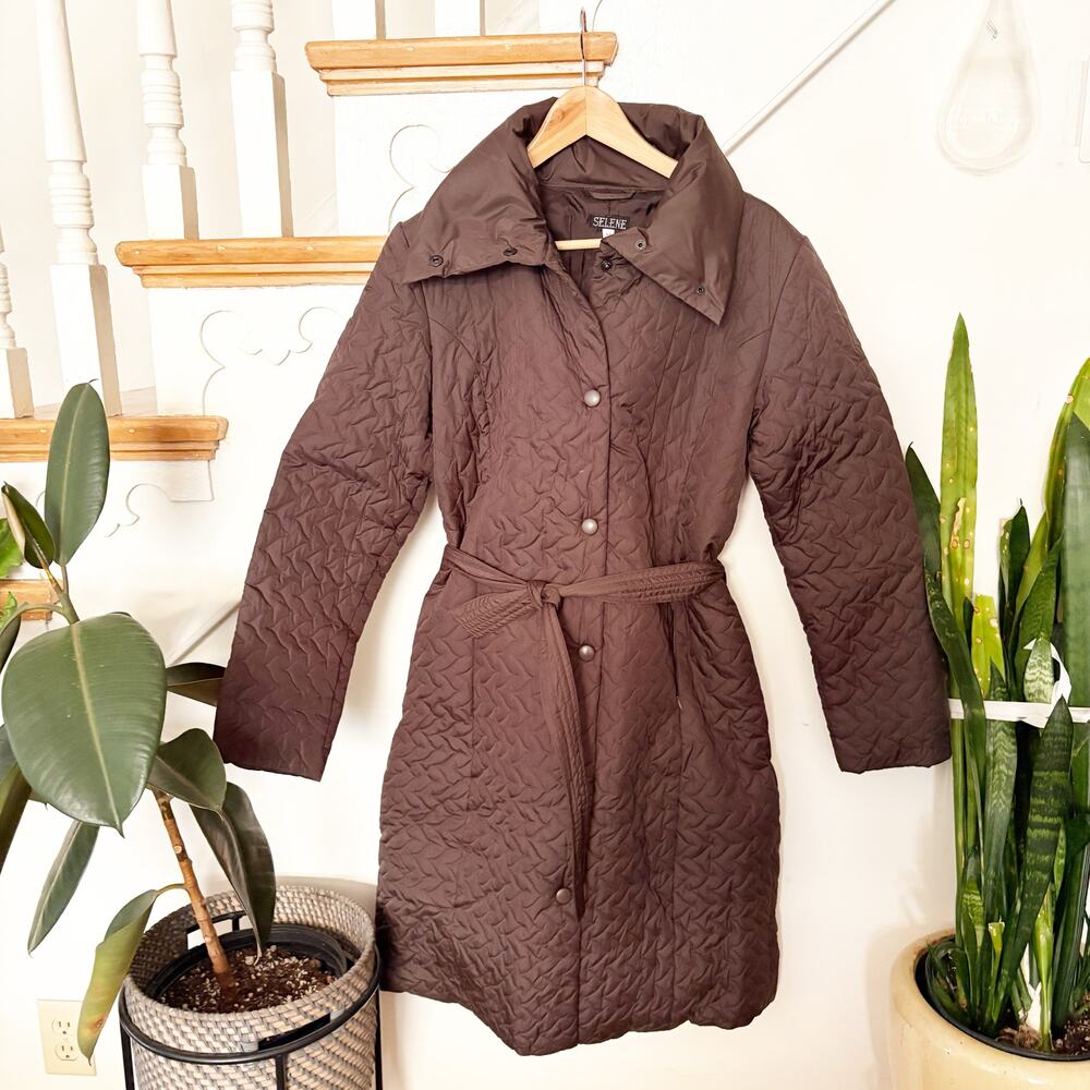 Vintage Selene Brown Quilted Puffer Coat Belted Down Fill Winter Jacket Size M